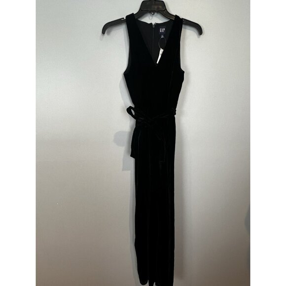 Gap Black Velvet Jumpsuit Size XS V-neck Belted Waist Wide Leg NWT $118 - Picture 3 of 13